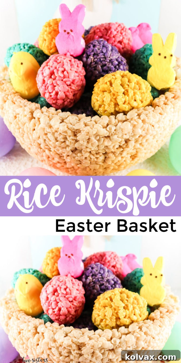 A Rice Krispie Treat Easter Basket filled with colorful eggs, a perfect DIY Easter decoration.