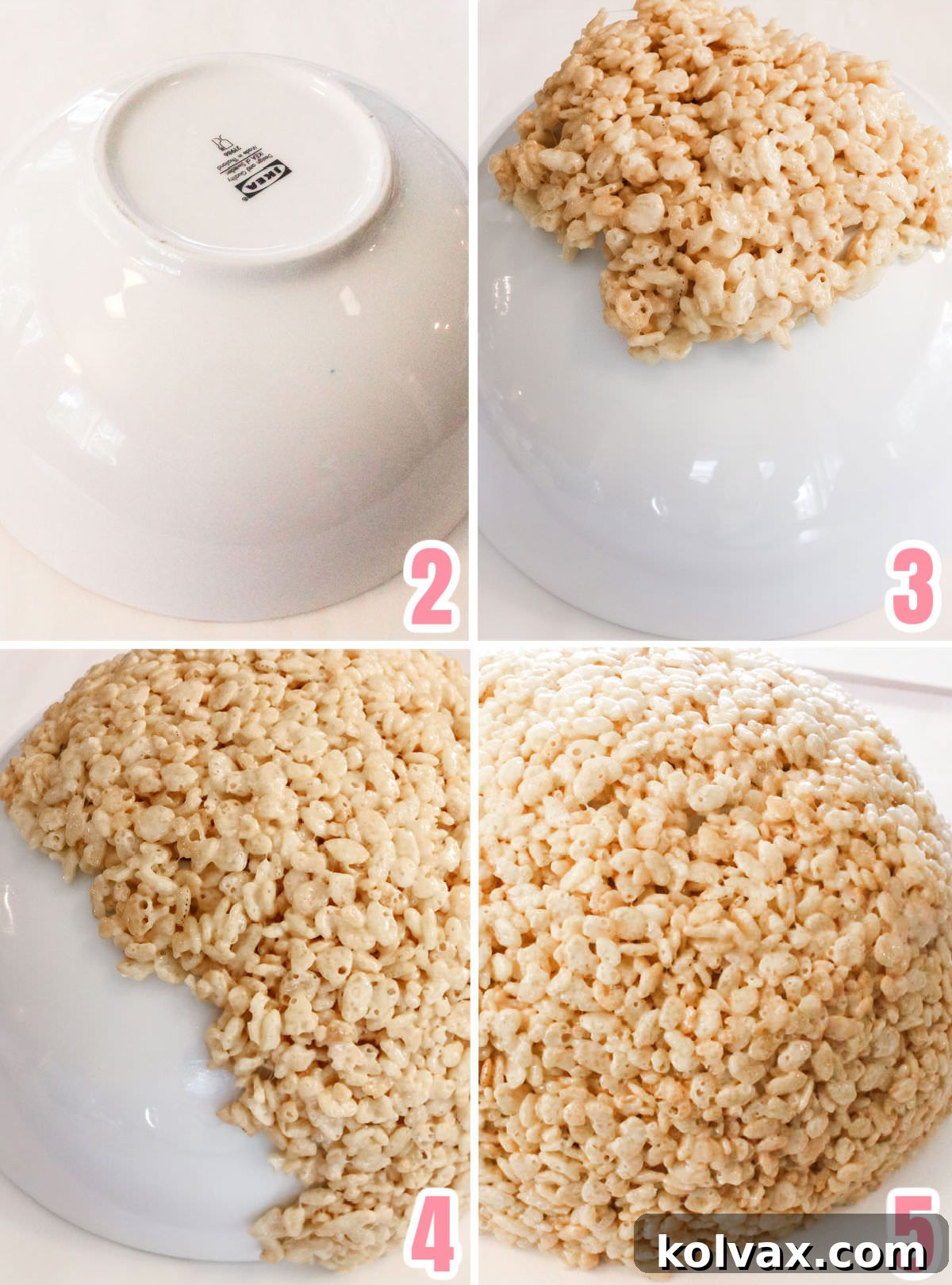A step-by-step collage demonstrating the process of molding the Rice Krispie Treat mixture onto the exterior of a ceramic bowl, forming the base of the Easter basket.
