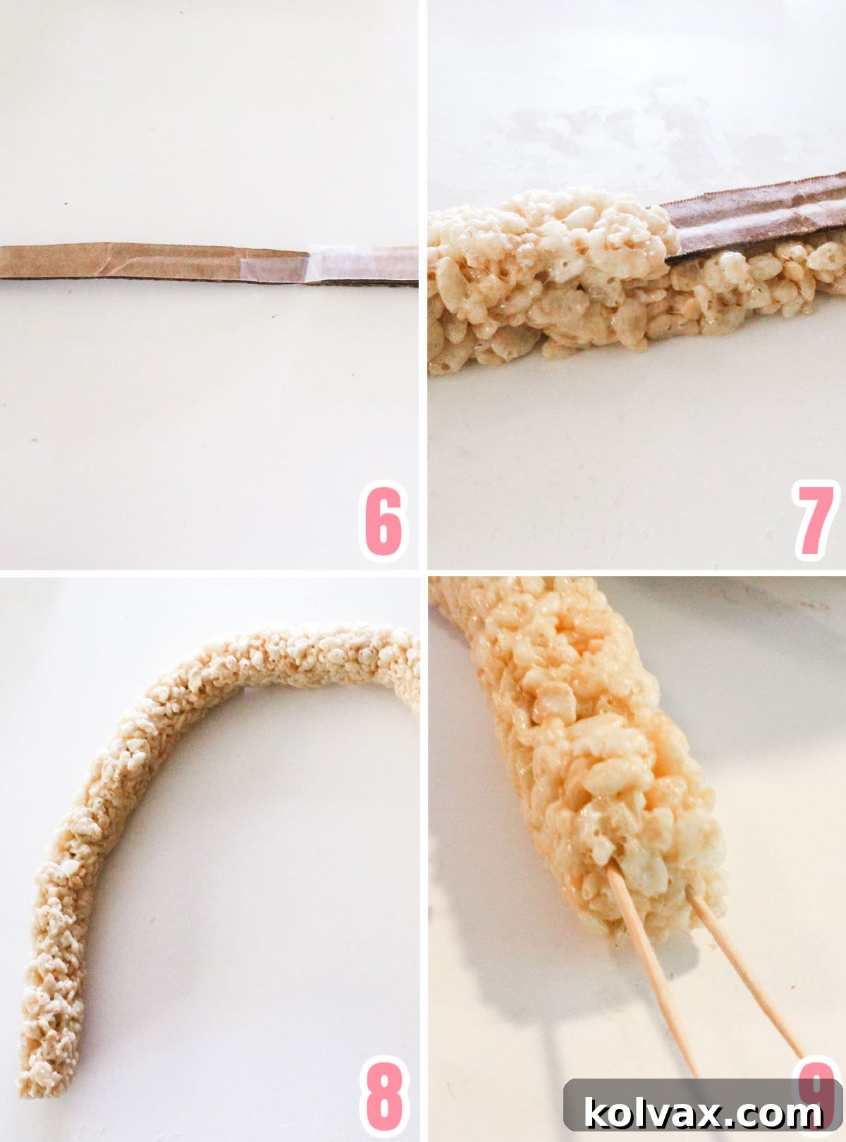 A visual guide showing the sequence of steps involved in creating and shaping the sturdy handle for the Rice Krispie Treat Easter Basket using cardboard as a base.