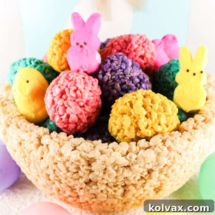 A stunning Rice Krispie Treat Easter Basket Centerpiece filled with colorful eggs.