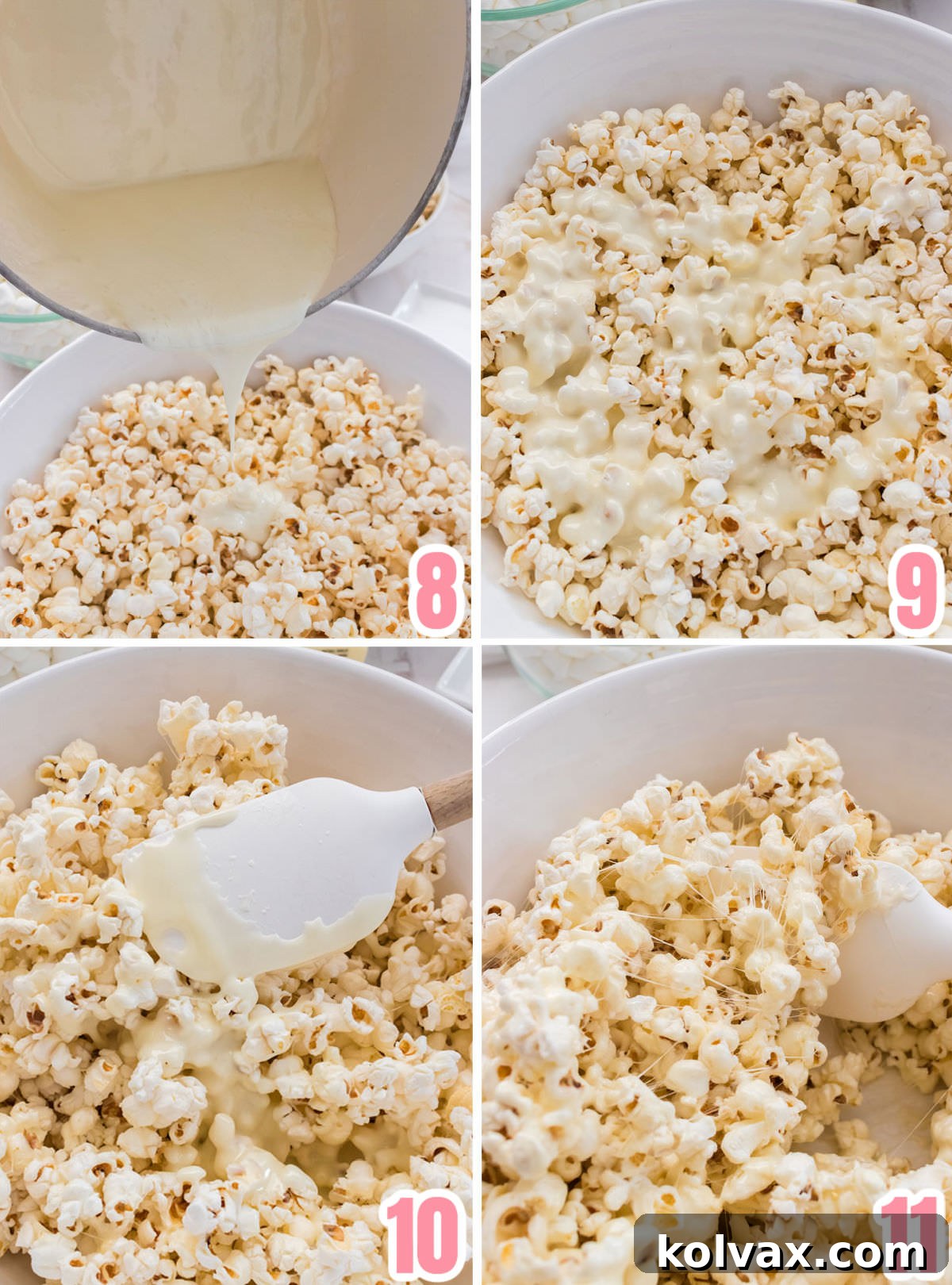 Collage image showing the steps required to make marshmallow popcorn, illustrating the process of coating popcorn with melted marshmallows.