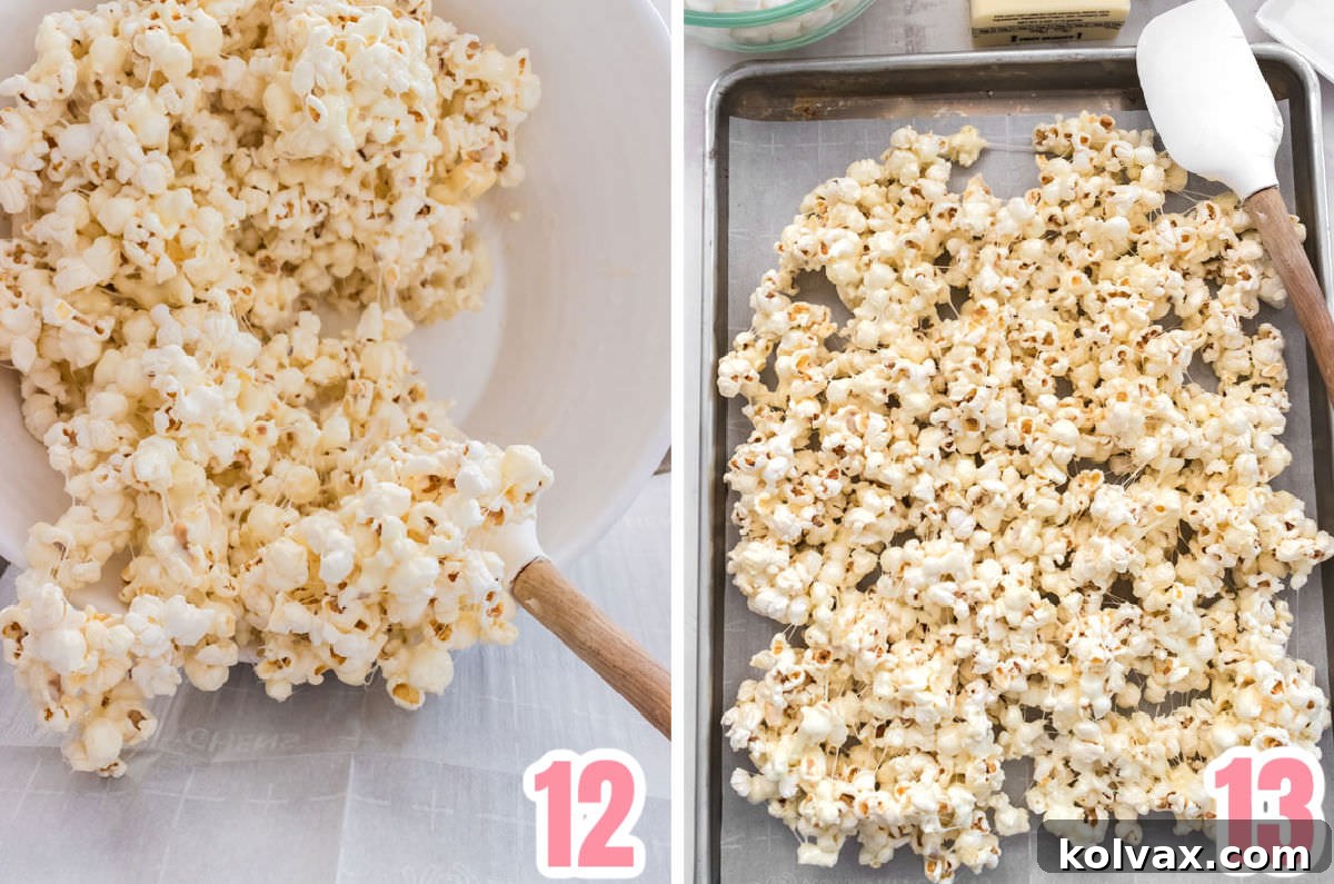 Collage image showing how to pour marshmallow popcorn out onto a cookie sheet lined with parchment paper.