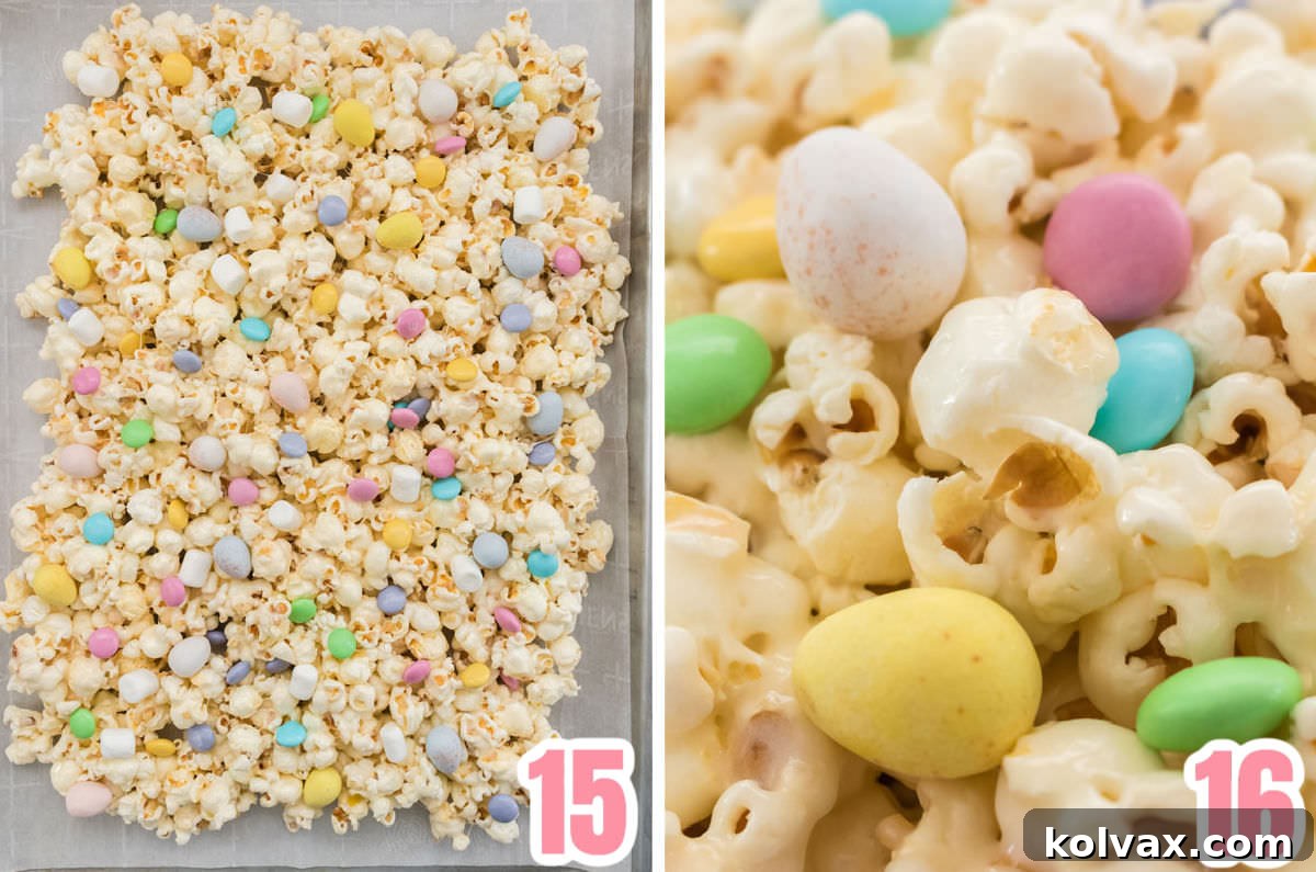 Collage image showing how to add the candy mix-ins to the Easter Candy Popcorn spread on a cookie sheet.