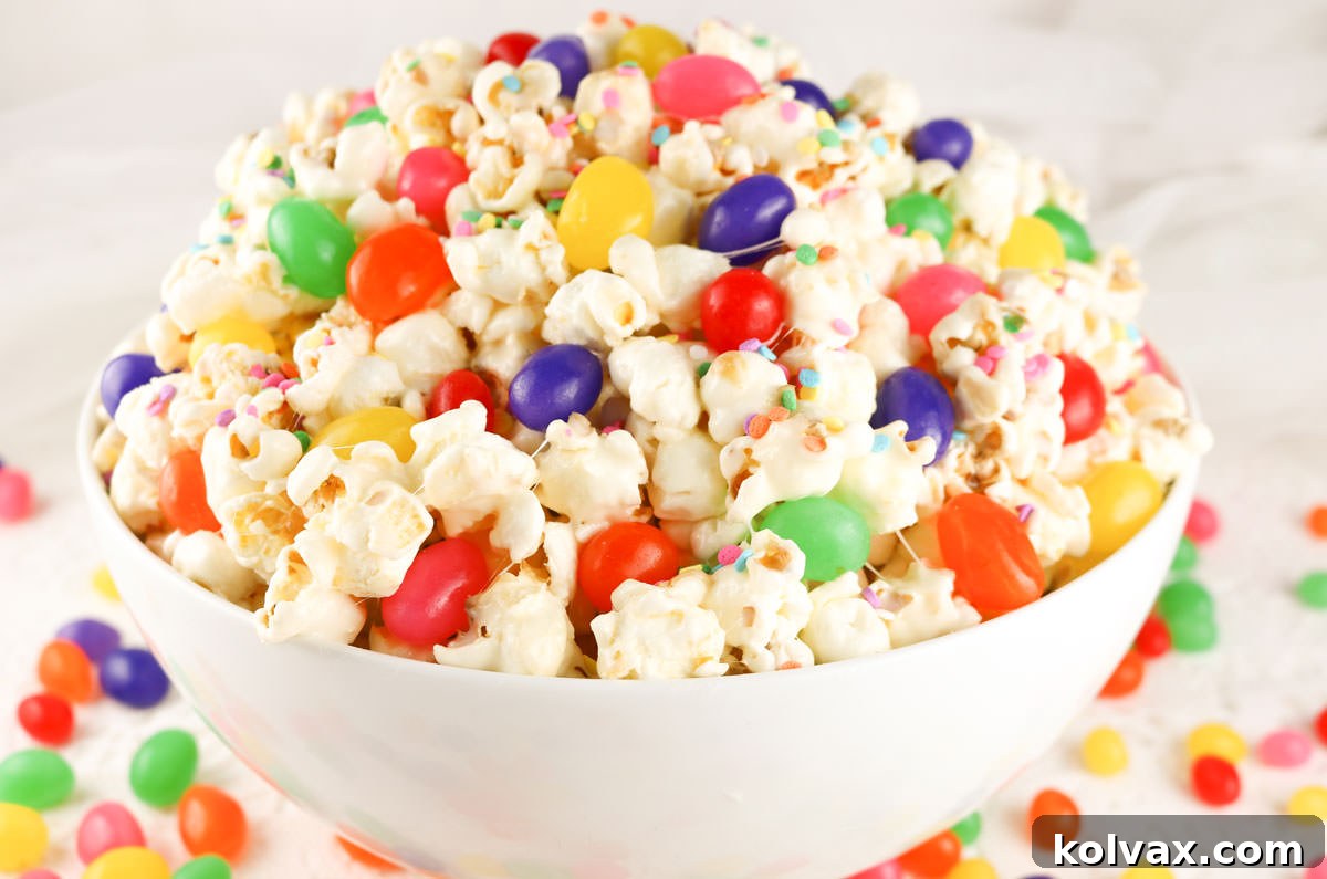 Close up of a white bowl sitting on a white table, surrounded by loose jelly beans and generously filled with a large amount of vibrant Jelly Bean Popcorn, highlighting the colorful candies mixed within the fluffy, marshmallow-coated popcorn.