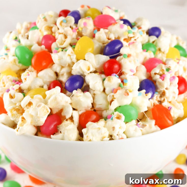 A beautifully arranged serving of Jelly Bean Popcorn, highlighting the vibrant colors and appealing texture, ready to be enjoyed as an Easter treat.