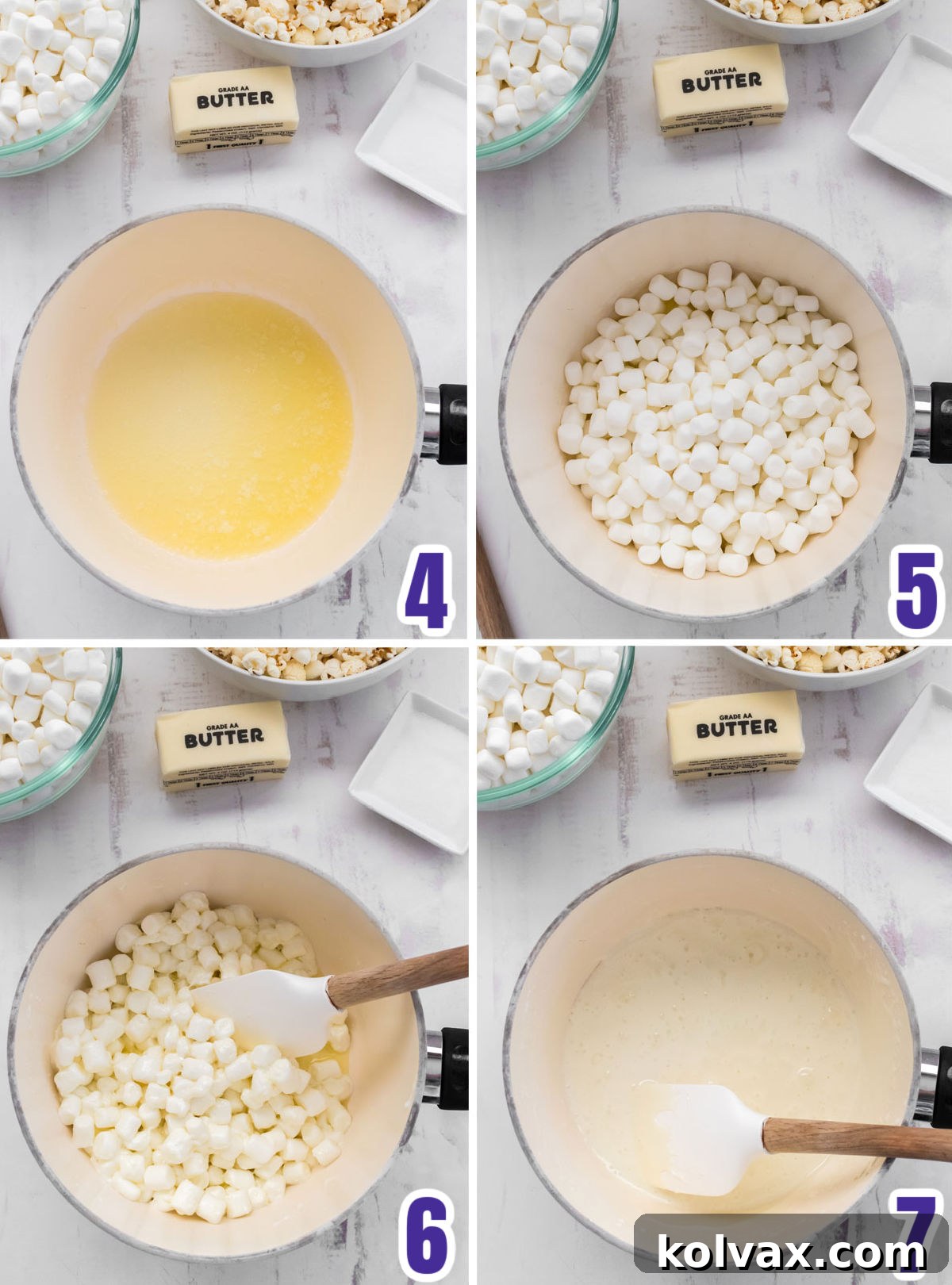A collage image showcasing the meticulous steps for creating the marshmallow mixture: melting butter in a saucepan, adding mini marshmallows, and stirring consistently until a perfectly smooth, gooey, and cohesive marshmallow sauce is formed.