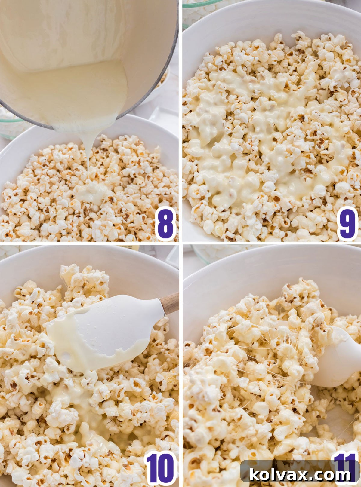 A detailed collage image demonstrating the precise steps required to combine the marshmallow mixture with the popcorn: showing the warm marshmallow being drizzled over the salted popcorn and then gently folded in to ensure every piece is perfectly coated.